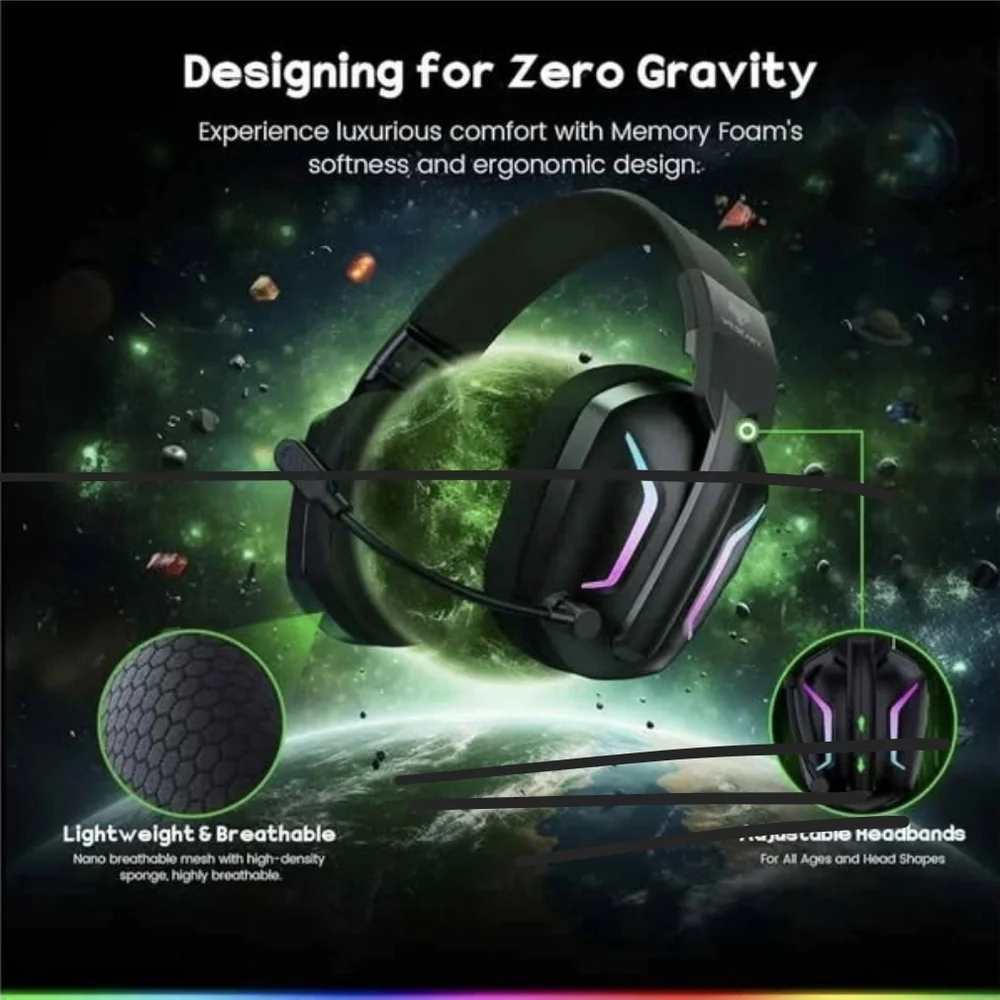 wireless Black Gaming Headset with RGB Lighting